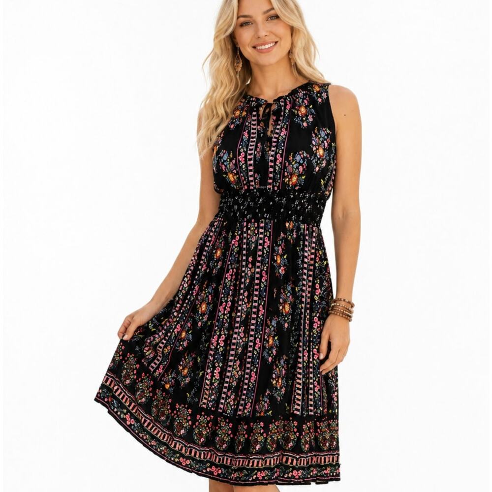 BILA Boho Midi Dress Womens Large Navy Floral Smocked Tasseled Peasant Folk